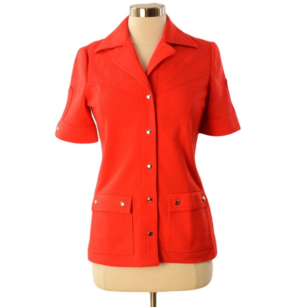 60s Bright Red Snap Front Top Butte Knit Tops For Women Size S Mod Utility Style